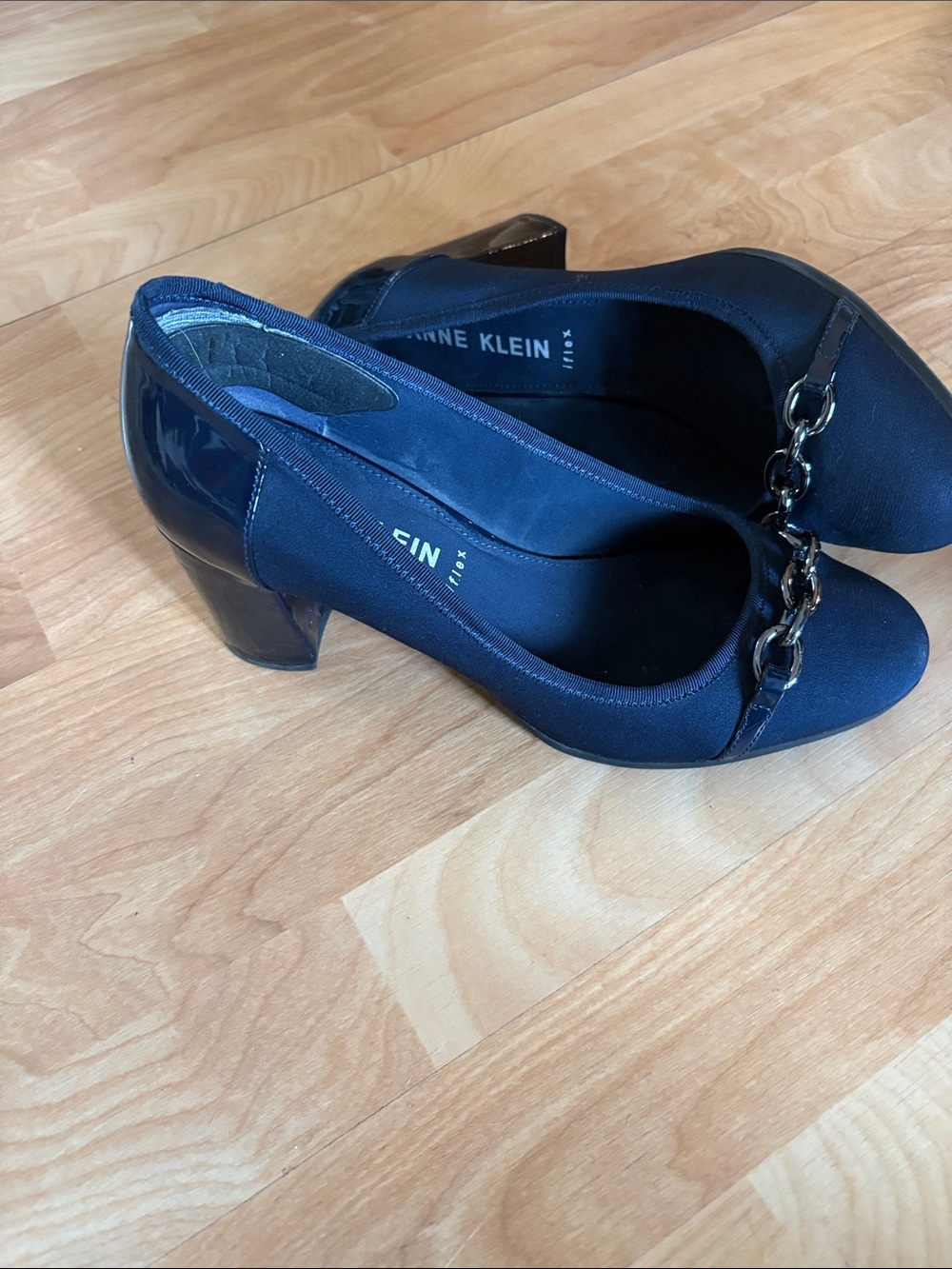 Anne Klein Navy Chain-Link Low Block Heel Pumps